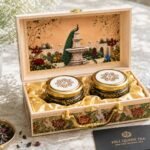 Hill Queen Tea Duo gift box open, satin lining with gold-lid tea jars