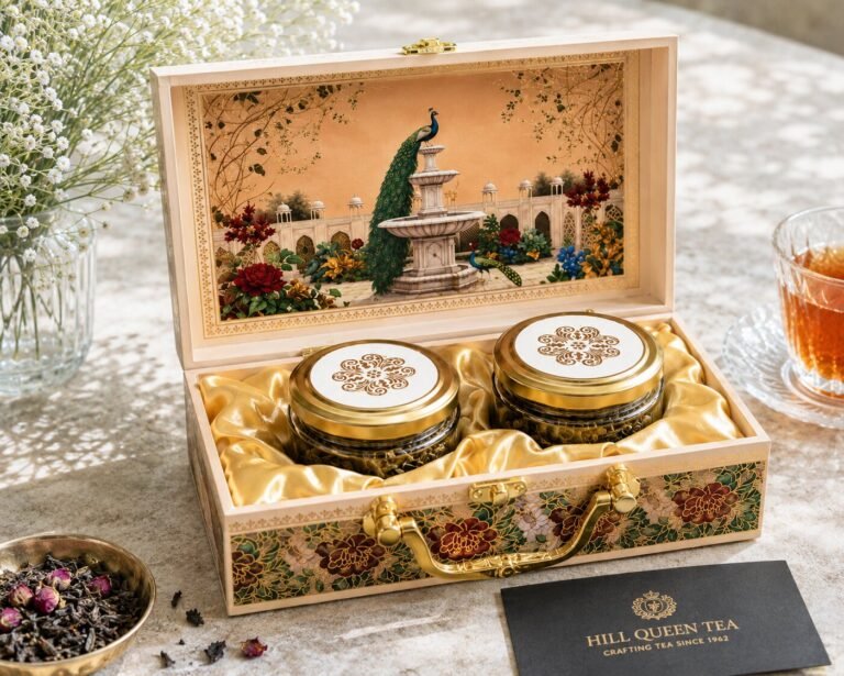 Hill Queen Tea Duo gift box open, satin lining with gold-lid tea jars