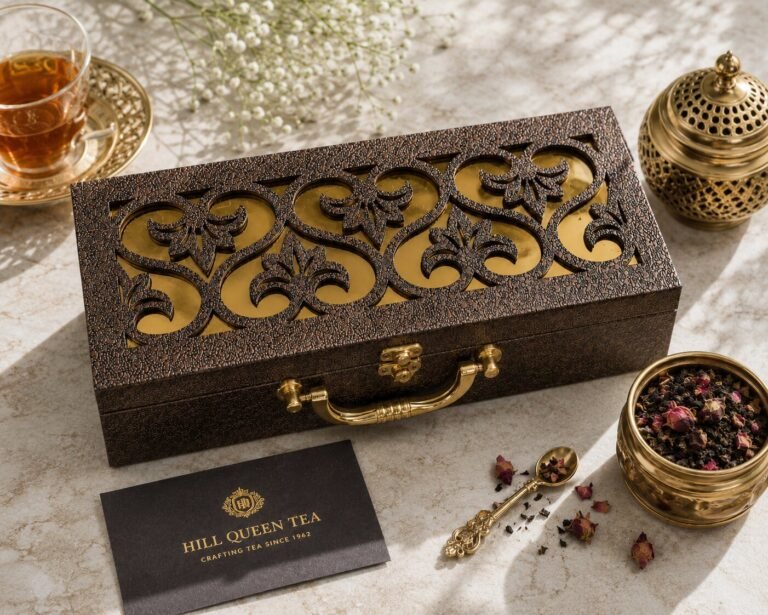 Hill Queen Tea Trio gift box, painted MDF case with brass handle