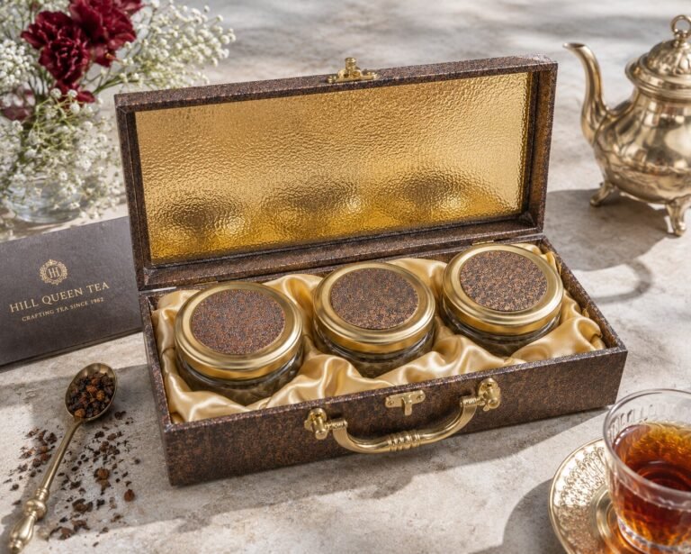 Hill Queen Tea Trio gift box open, satin lining with gold-lid tea jars