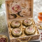 Hill Queen Tea Quartet gift box open, satin lining with gold-lid tea jars
