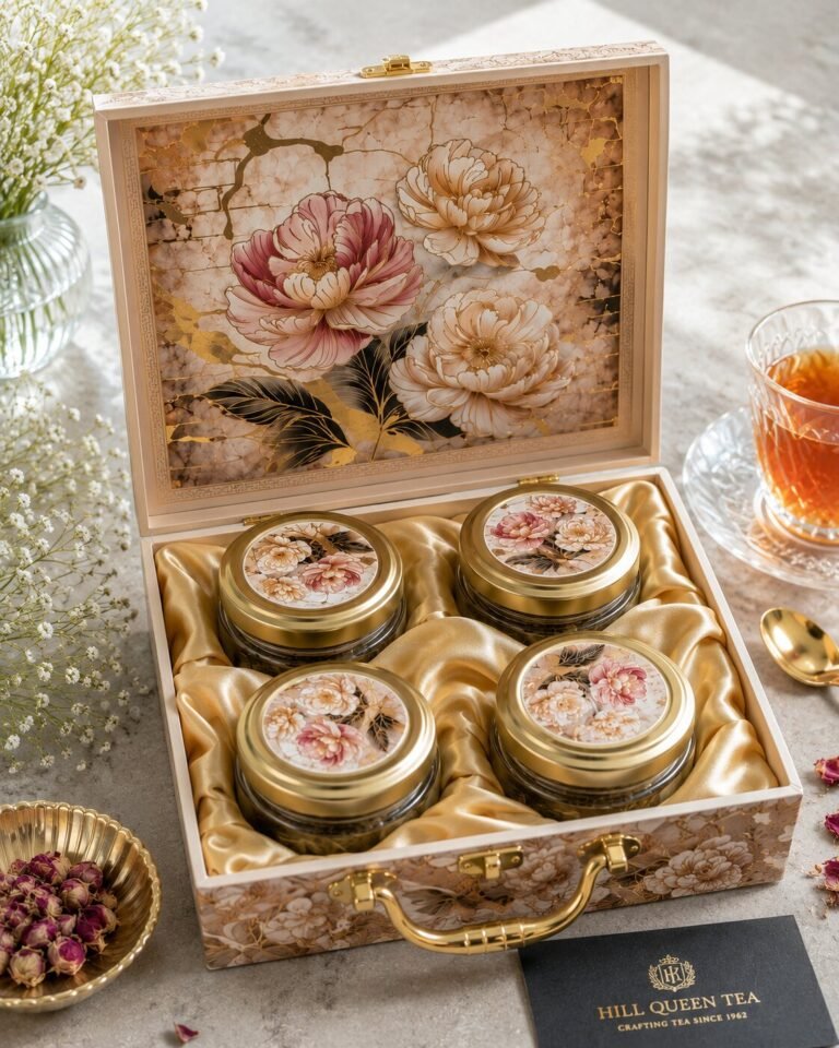 Hill Queen Tea Quartet gift box open, satin lining with gold-lid tea jars